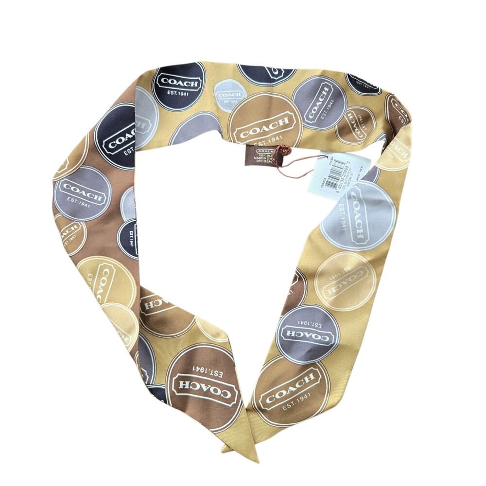 NWT Coach Silk Pony Scarf Spellout Reversible Circles Khaki Gal Heritage - Picture 2 of 6